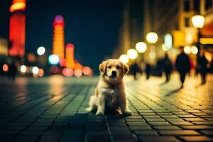 un' cane seduta su il strada a notte. ai-generato foto