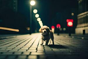 un' cane a piedi su un' ciottolo strada a notte. ai-generato foto