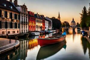 un' barca è attraccato nel un' canale a tramonto. ai-generato foto