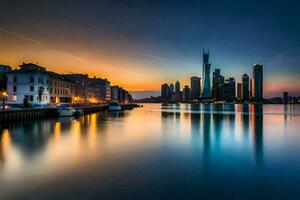 il città orizzonte a tramonto nel Milano, Italia. ai-generato foto