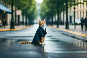 un' gatto nel un' completo da uomo seduta su il strada. ai-generato foto