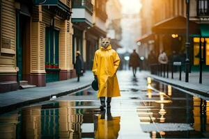 un' donna nel un' giallo impermeabile a piedi giù un' strada. ai-generato foto