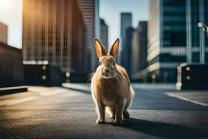 un' coniglio è in piedi nel il mezzo di un' città strada. ai-generato foto