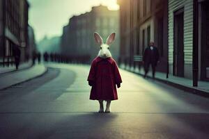 un' coniglio nel un' rosso cappotto in piedi nel il mezzo di un' città strada. ai-generato foto