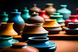 un' collezione di colorato ceramica vasi. ai-generato foto