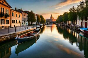 Barche siamo attraccato nel un' canale a tramonto. ai-generato foto