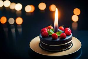 un' cioccolato torta con frutti di bosco e un' candela. ai-generato foto