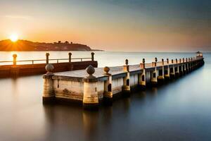 un' lungo esposizione foto di un' molo a tramonto. ai-generato