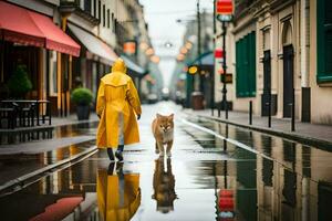un' persona a piedi un' cane nel il pioggia su un' città strada. ai-generato foto