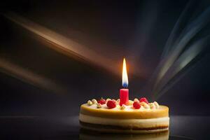 un' singolo candela è illuminato su un' torta. ai-generato foto