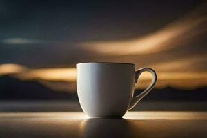 un' caffè tazza si siede su un' tavolo nel davanti di un' tramonto. ai-generato foto