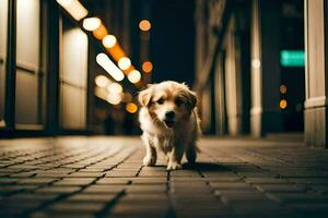 un' cane a piedi su un' mattone strada a notte. ai-generato foto