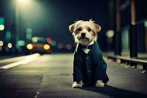 un' cane nel un' completo da uomo e cravatta seduta su il strada a notte. ai-generato foto