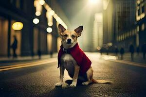 un' cane indossare un' rosso cappotto si siede su il strada a notte. ai-generato foto