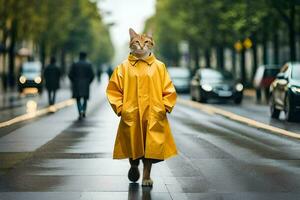 un' gatto nel un' giallo impermeabile a piedi giù un' strada. ai-generato foto