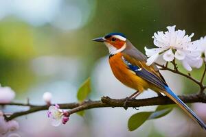 un' colorato uccello si siede su un' ramo con fiori. ai-generato foto