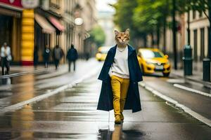 un' Volpe indossare un' cappotto e a piedi giù un' strada. ai-generato foto