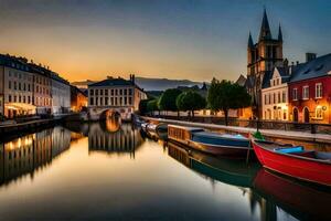 Barche siamo attraccato nel un' canale a tramonto. ai-generato foto