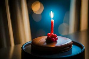 un' cioccolato torta con un' singolo candela su superiore. ai-generato foto