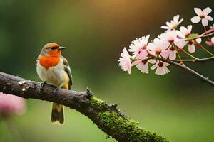un' uccello si siede su un' ramo con rosa fiori. ai-generato foto