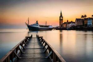 un' di legno molo conduce per un' barca nel il acqua a tramonto. ai-generato foto