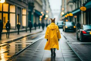 un' donna nel un' giallo impermeabile a piedi giù un' strada. ai-generato foto