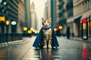 un' gatto indossare un' capo su un' città strada. ai-generato foto