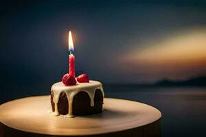 un' piccolo compleanno torta con un' singolo candela su superiore. ai-generato foto