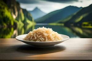 un' ciotola di riso su un' tavolo nel davanti di un' lago. ai-generato foto