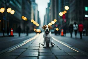 un' cane seduta su il strada nel un' città. ai-generato foto