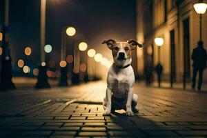 un' cane seduta su il strada a notte. ai-generato foto