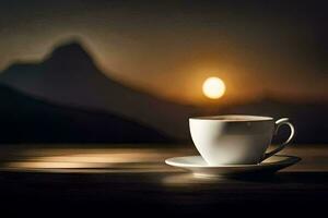 caffè tazza su tavolo con montagne nel il sfondo. ai-generato foto