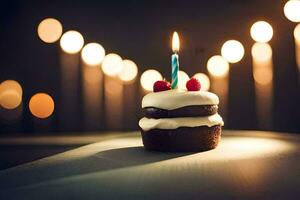 un' piccolo cioccolato Cupcake con un' illuminato candela. ai-generato foto