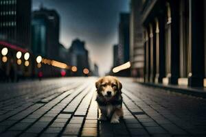 un' cane è in piedi su un' strada nel il città. ai-generato foto