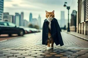 un' gatto nel un' cappotto a piedi giù un' strada. ai-generato foto