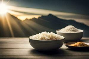 il riso è nel un' ciotola e il ciotola è su un' di legno tavolo. ai-generato foto