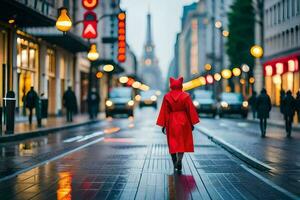 un' donna nel un' rosso cappotto a piedi giù un' strada. ai-generato foto