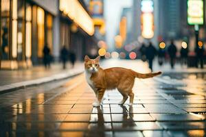 un arancia gatto è in piedi su un' bagnato strada. ai-generato foto