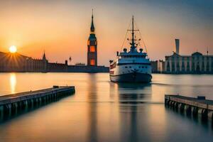 un' barca è attraccato nel il acqua a tramonto. ai-generato foto