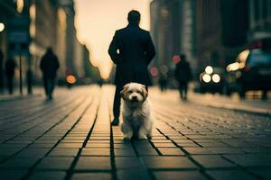 un' cane a piedi giù un' strada a crepuscolo. ai-generato foto