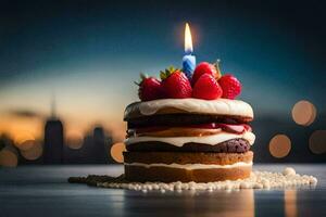 un' compleanno torta con un' singolo candela. ai-generato foto