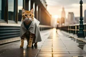 un' gatto indossare un' impermeabile su un' città strada. ai-generato foto