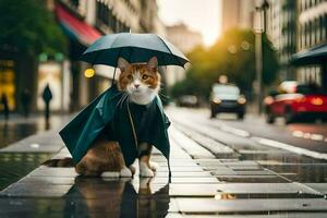 un' gatto nel un' impermeabile in piedi su un' strada. ai-generato foto