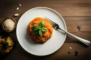 spaghetti con pomodoro salsa e basilico le foglie su un' bianca piatto. ai-generato foto