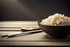 un' ciotola di riso con bastoncini su un' di legno tavolo. ai-generato foto