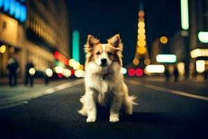 un' cane seduta su il strada a notte. ai-generato foto