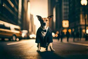 un' cane nel un' completo da uomo in piedi su il strada. ai-generato foto