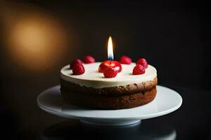 un' torta con un' singolo candela su superiore. ai-generato foto