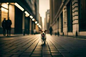 un' cane a piedi giù un' strada nel il città. ai-generato foto