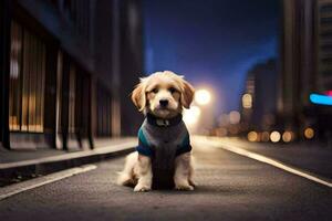 un' cane indossare un' maglione si siede su il strada a notte. ai-generato foto